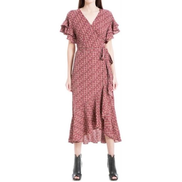 Max Studio Red Floral Ruffle Sleeve Wrap High Low Hem Dress | SZ S - Picture 17 of 17